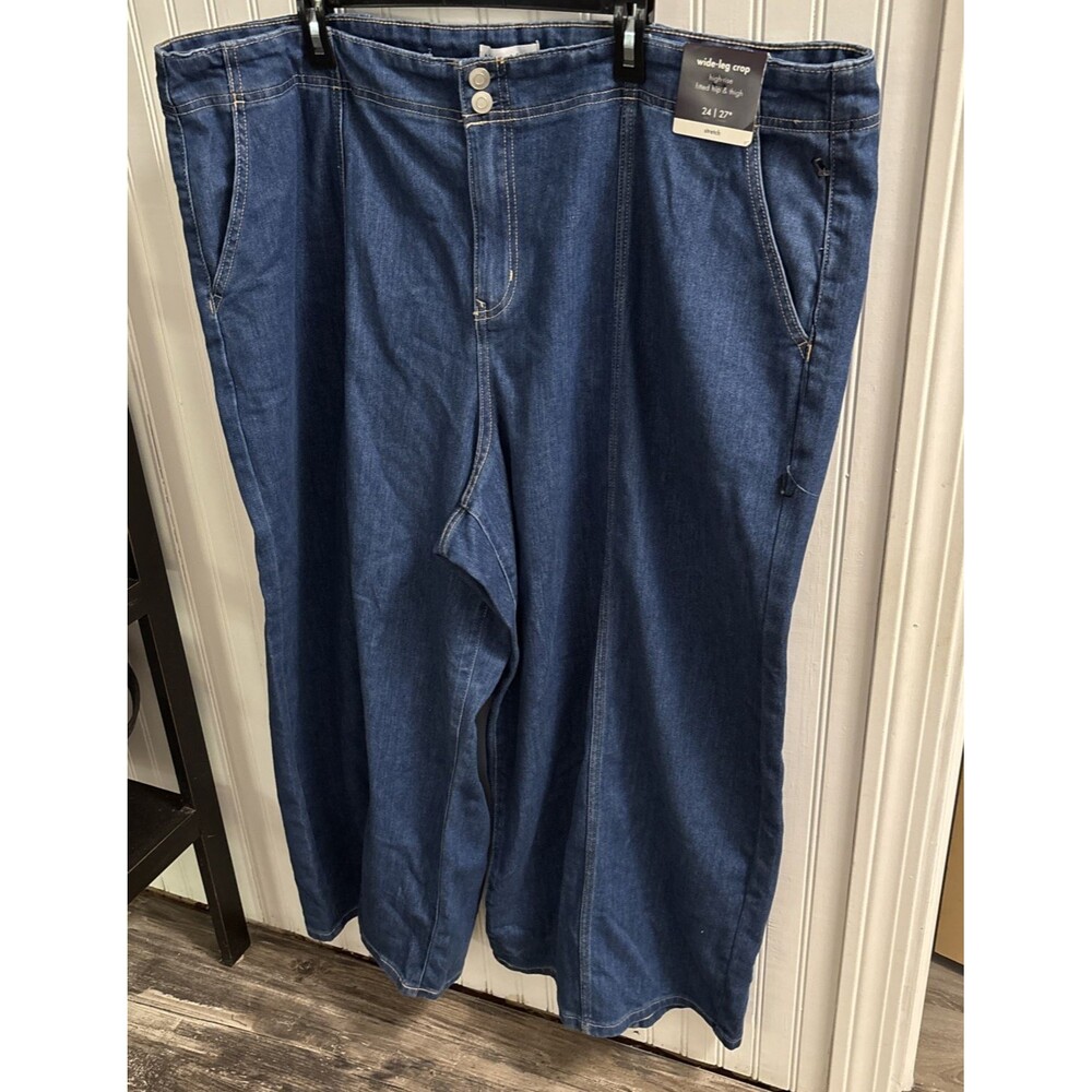 Ava &Viv Plus Women 24 Wide Leg Crop High Rise Med Wash Blue Jean New Waist 47"